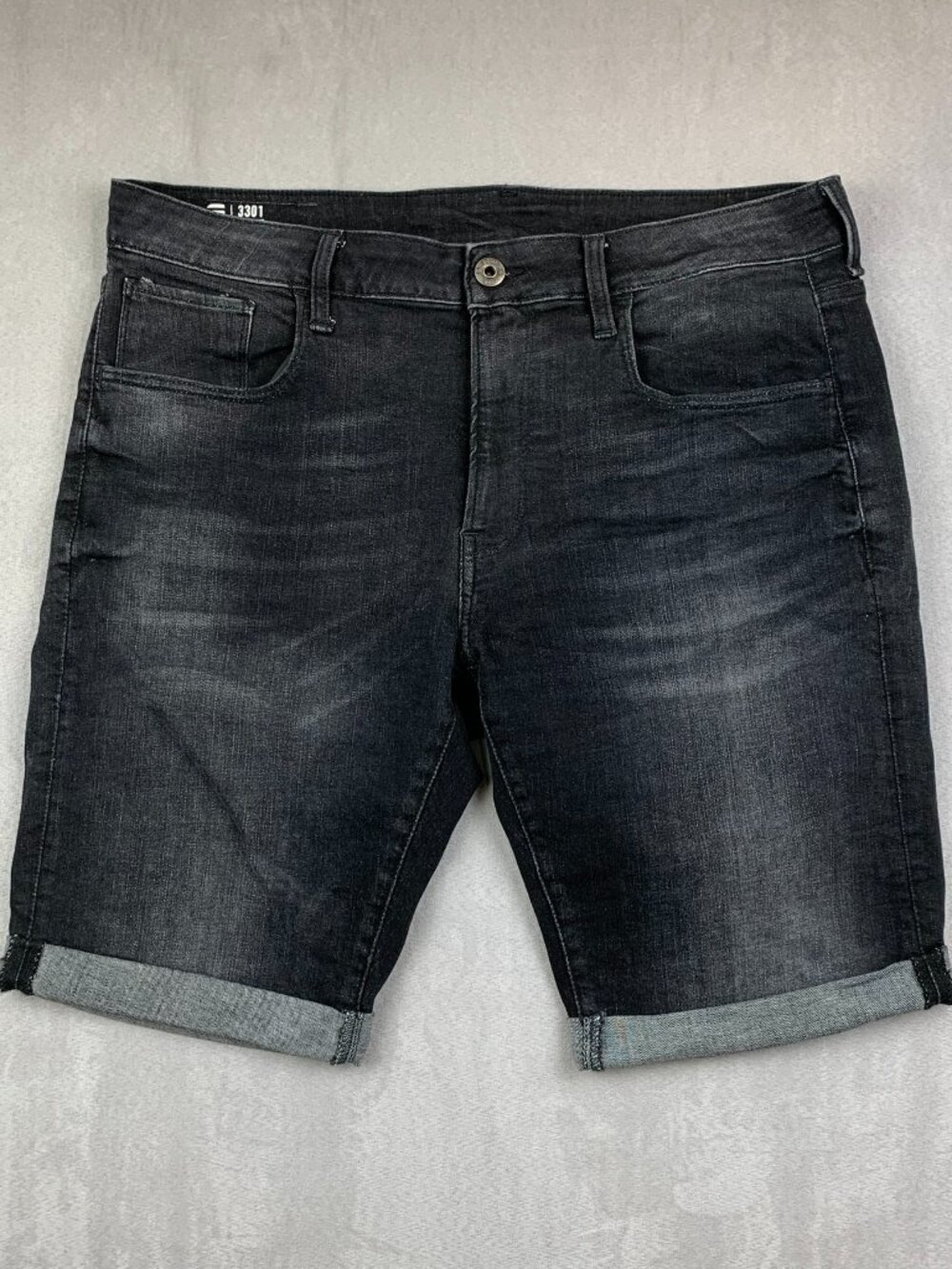 G Star Raw Mens Jean Shorts 36 Black Denim 3301 Slim 1/2 Cuffed Rolled 10"